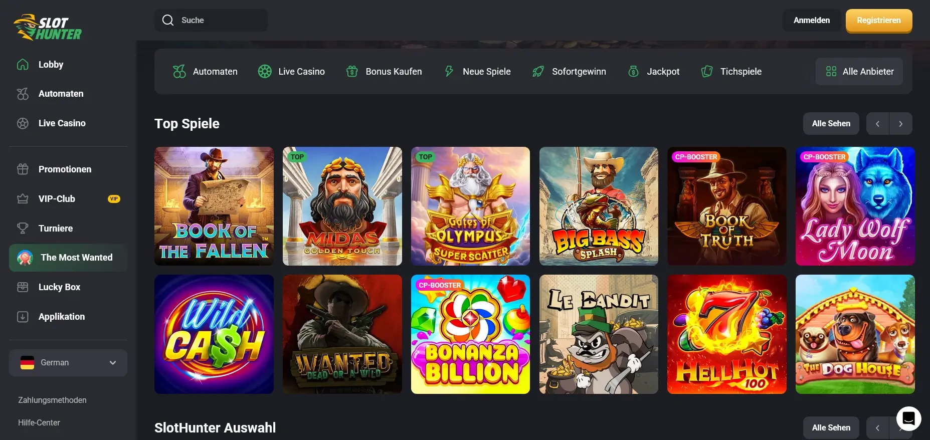 Bereich „Top Spiele“ mit Auswahl an Slots wie Book of the Fallen, Gates of Olympus und Big Bass im Bereich der Slothunter Spiele Slothunter Spiele Übersicht