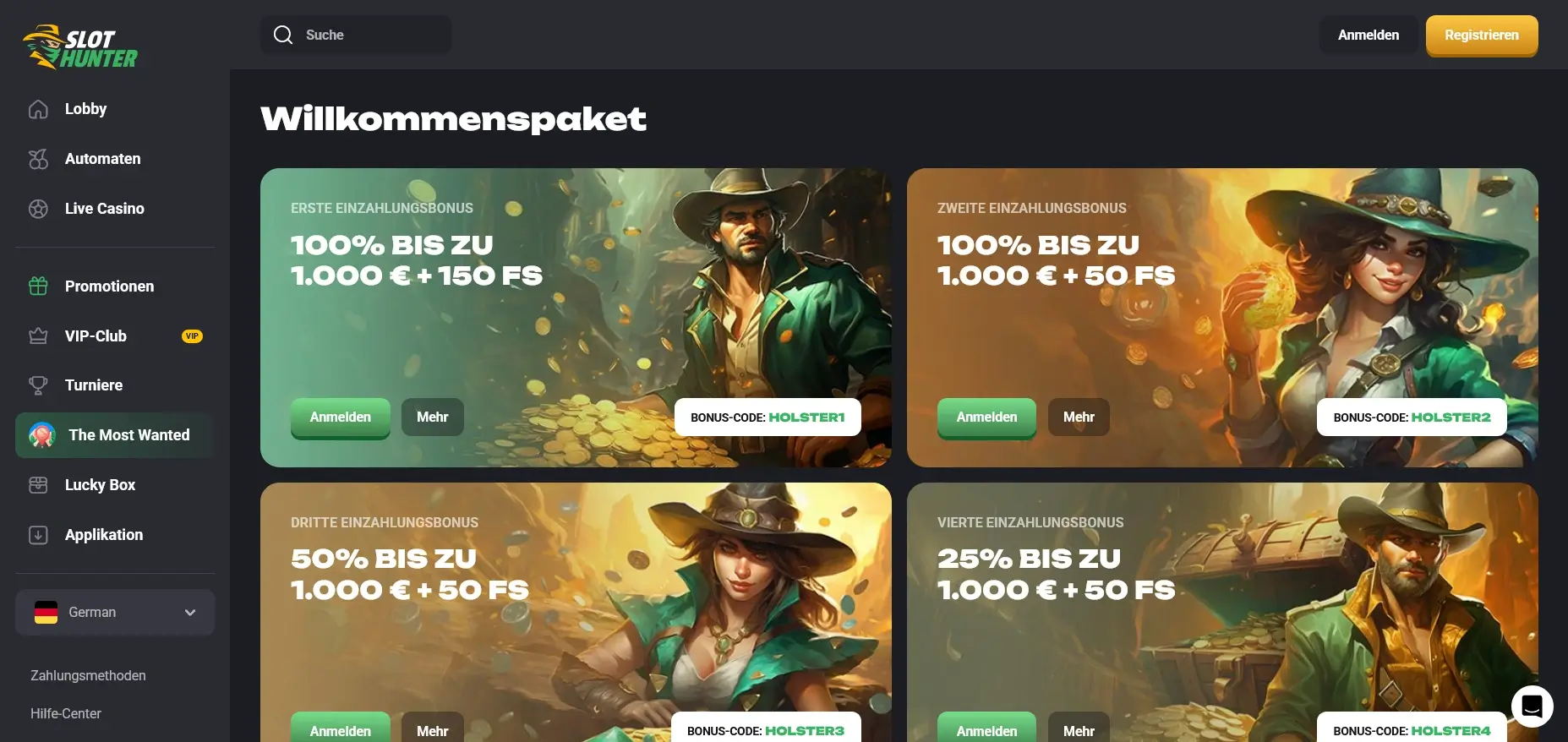 Übersichtsseite der Slothunter Boni mit vier Einzahlungsboni inklusive Prozentangeboten, Freispiele und Bonus-Codes Slothunter Boni Übersicht