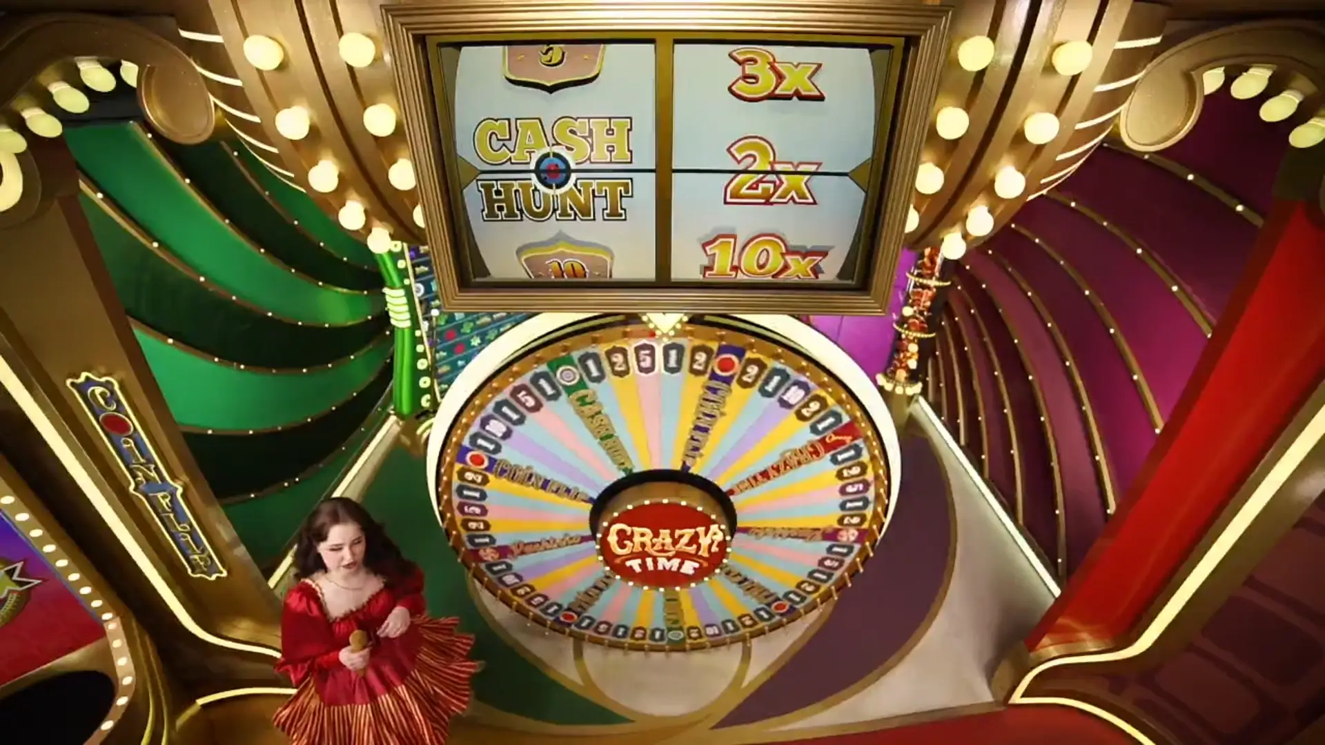 Crazy Time Live im Online Casino mit Bonusspiel Cash Hunt und Multiplikatoren auf dem großen Spielshow-Rad Crazy Time Live Spielshow mit Bonusanzeige