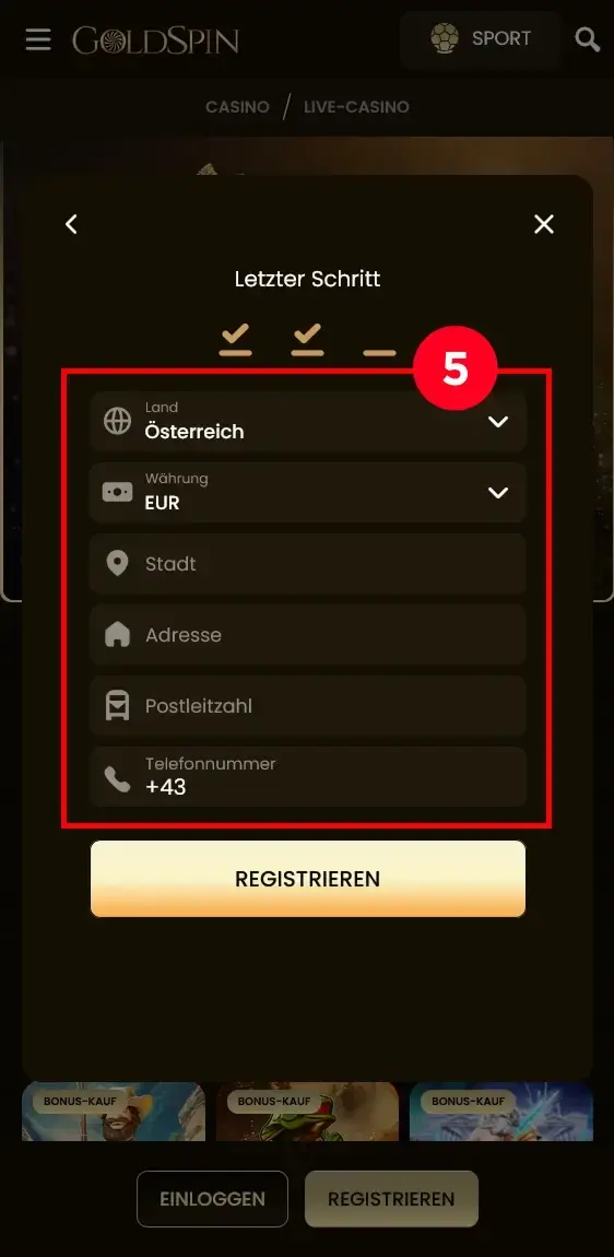 Goldspin Anmeldung Adresseingabe