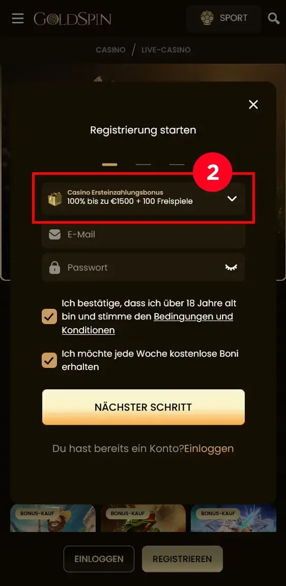 Goldspin Anmeldung Bonuswahl