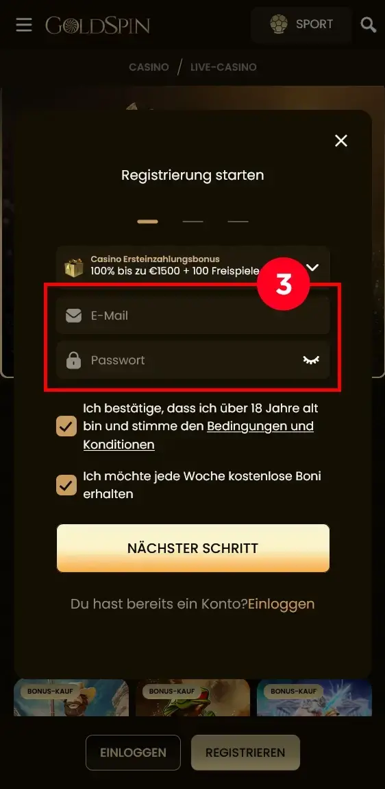 Goldspin Anmeldung Loginfelder