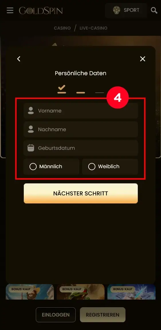 Goldspin Anmeldung Datenformular