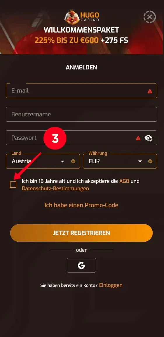 Persönliche Angaben bei Hugo Casino