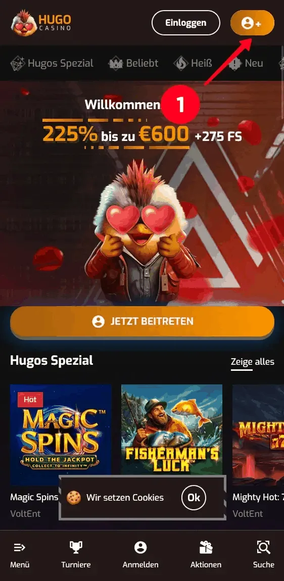 Hugo Casino Startseite mit Beitreten Button