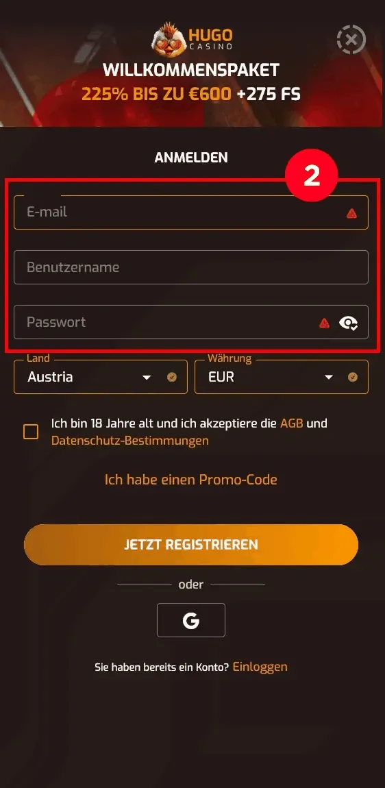 Formular mit E-Mail und Passwort