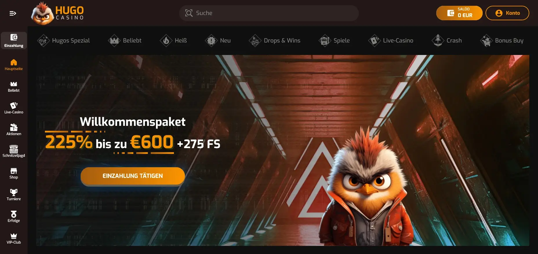 Großes Startguthaben Casino Angebot im Hugo Casino mit 225 % Bonus bis zu 600 € und vielen Freispiele für neue Spieler Startguthaben Casino Willkommensbonus bei Hugo Casino