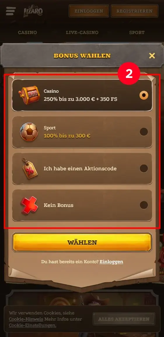 Lizaro Anmeldung Bonusauswahl