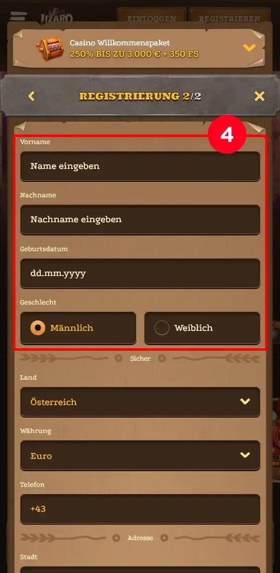 Lizaro Anmeldung Personendaten
