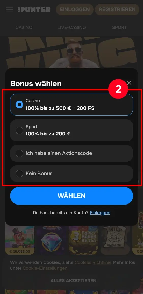 Bonusauswahl MrPunter Registrierung