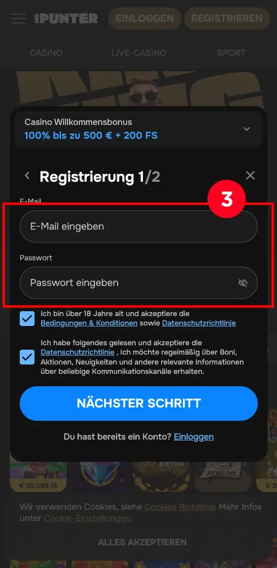 Zugangsdaten MrPunter Registrierung
