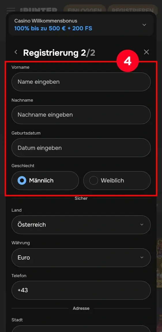 Persönliche Daten MrPunter Registrierung