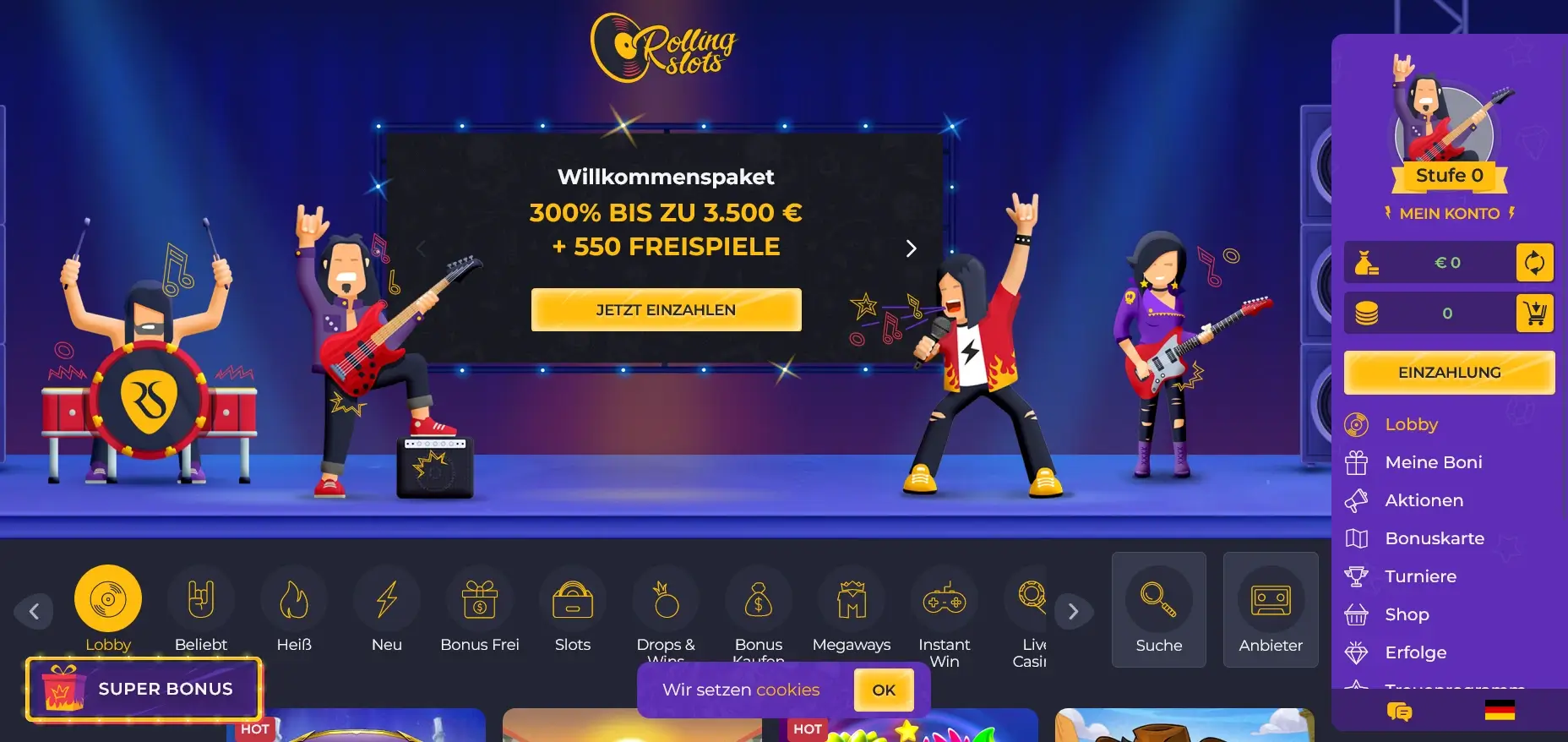 Großes Willkommenspaket im Rolling Slots Casino mit bis zu 200 % Casino-Bonus und vielen Freispiele für neue Spieler 200 % Casino-Bonus im Rolling Slots Willkommenspaket