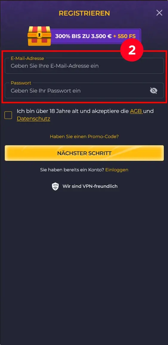 Rolling Slots Konto erstellen Formular