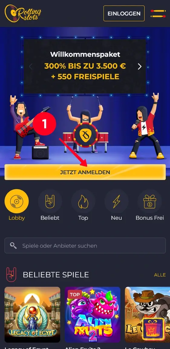 Rolling Slots Casino Anmeldung starten