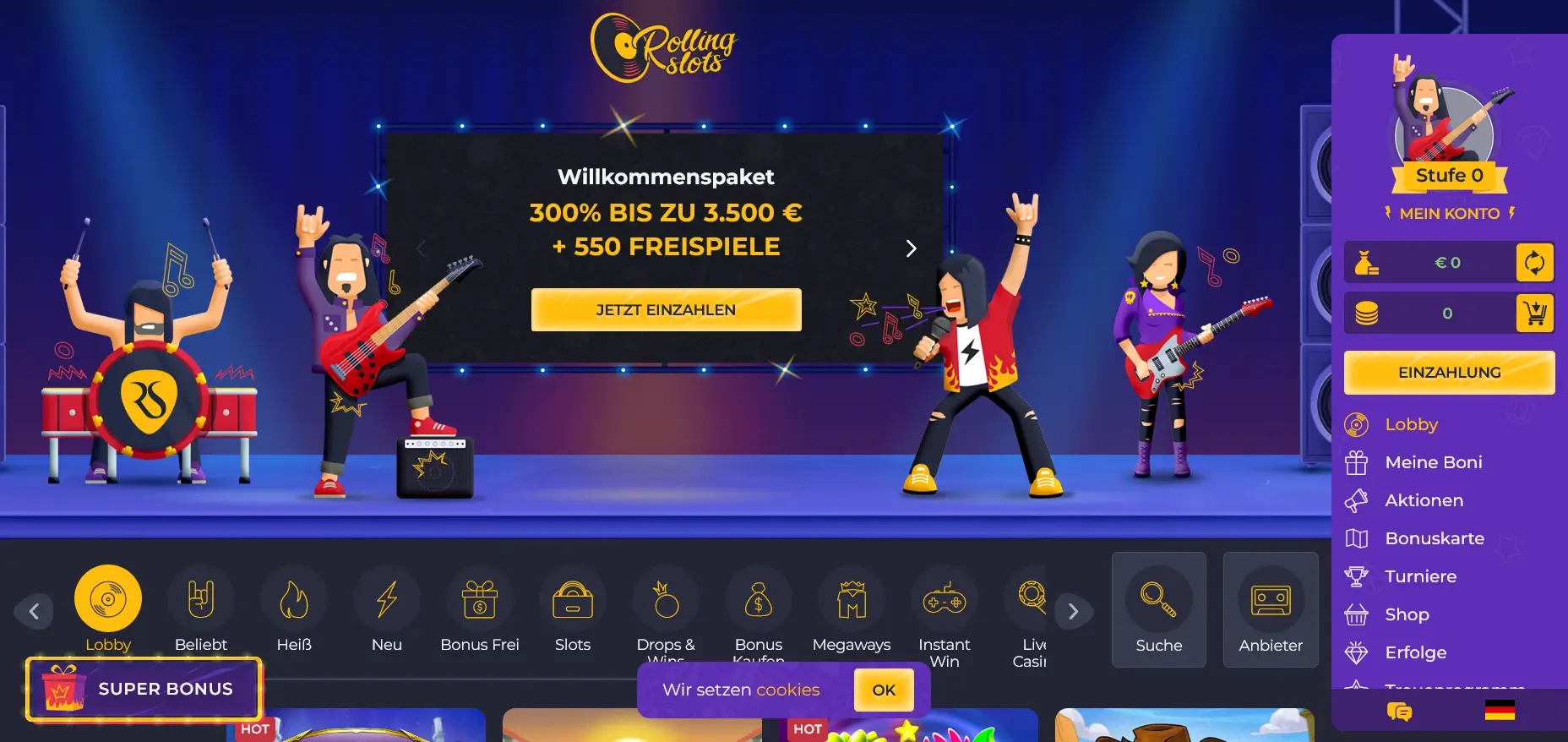 Attraktives Startguthaben Casino im Rolling Slots Online-Casino mit 300 % Bonus bis 3500 € und über 500 Freispiele Startguthaben Casino Bonus im Rolling Slots Casino