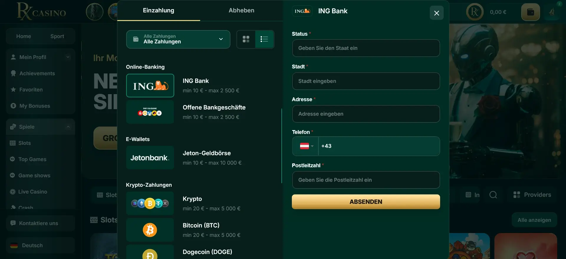 Banküberweisung Casino RX Einzahlung