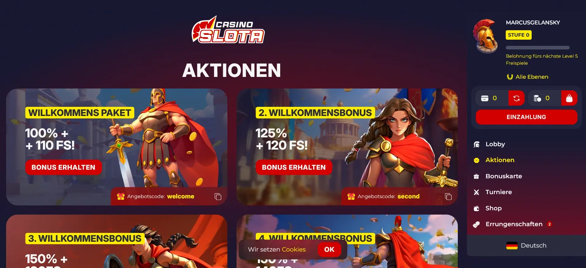 Übersicht der Slota 400 % Bonus Aktionen mit Willkommensbonus und Freispiele im Online-Casino Slota Slota Online Casino 400 % Bonus Aktionen