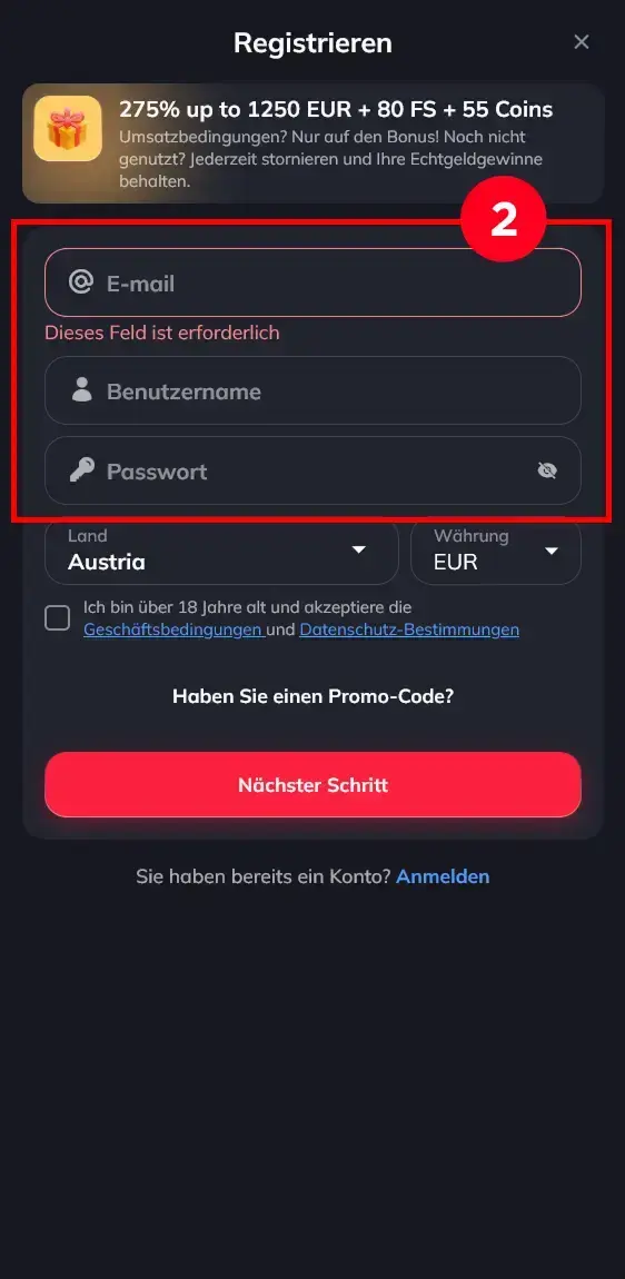 Spin Empire Anmeldung Formular Eingabe