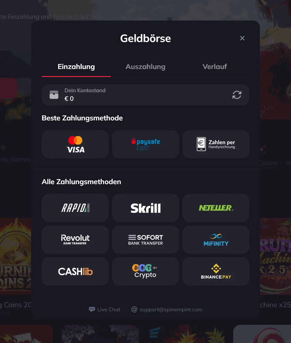 Spin Empire Geldbörse Zahlungsübersicht