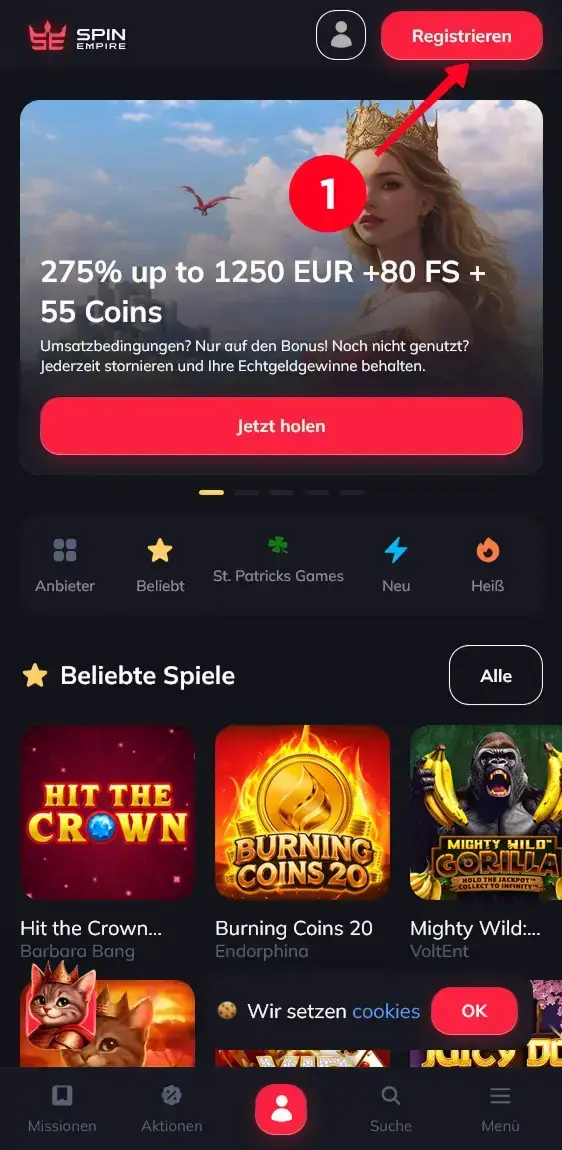 Spin Empire Registrierung Start Button