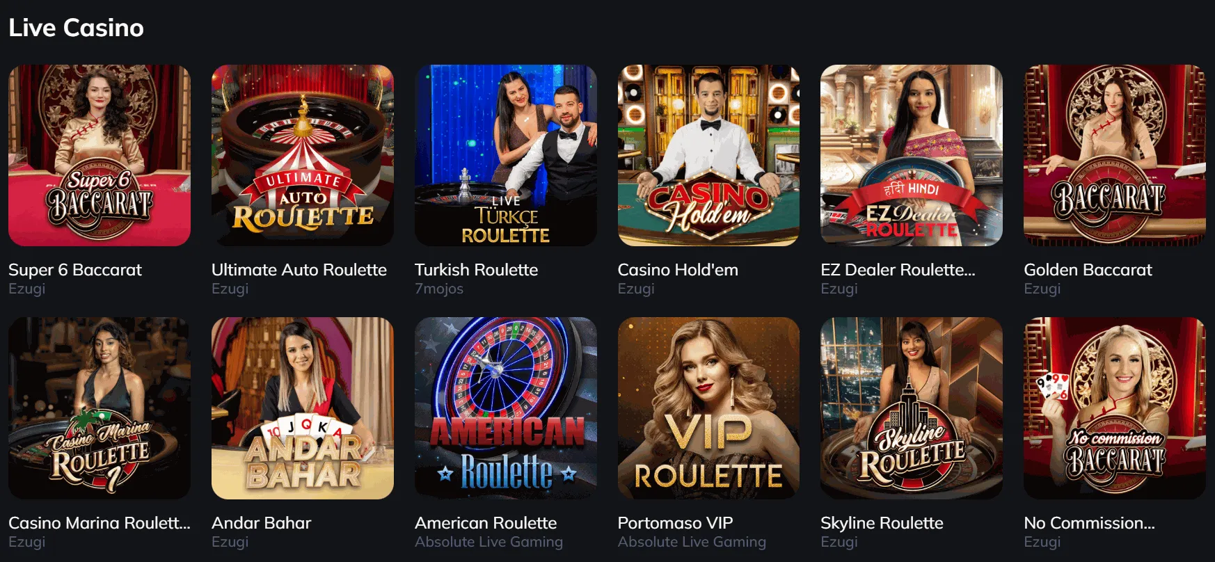 Spin Empire Live Casino Tischspiele Übersicht