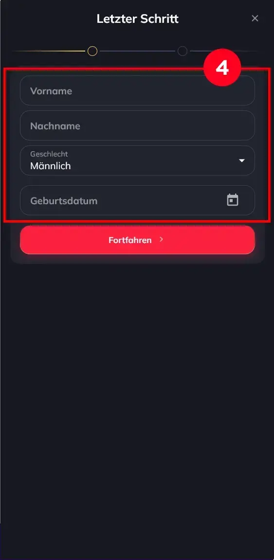 Spin Empire persönliche Daten Eingabe