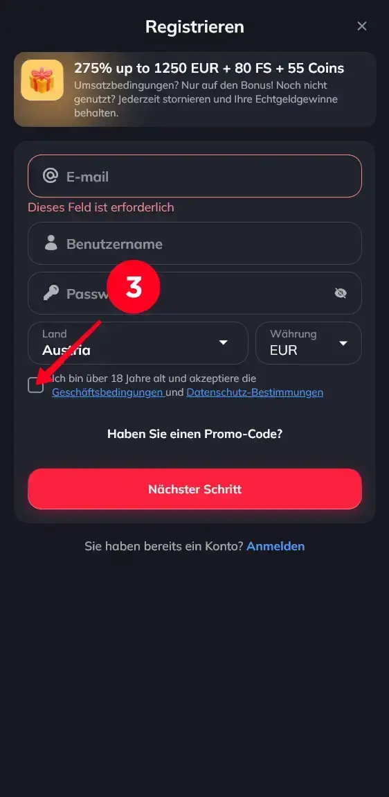 Spin Empire Konto erstellen Zustimmung