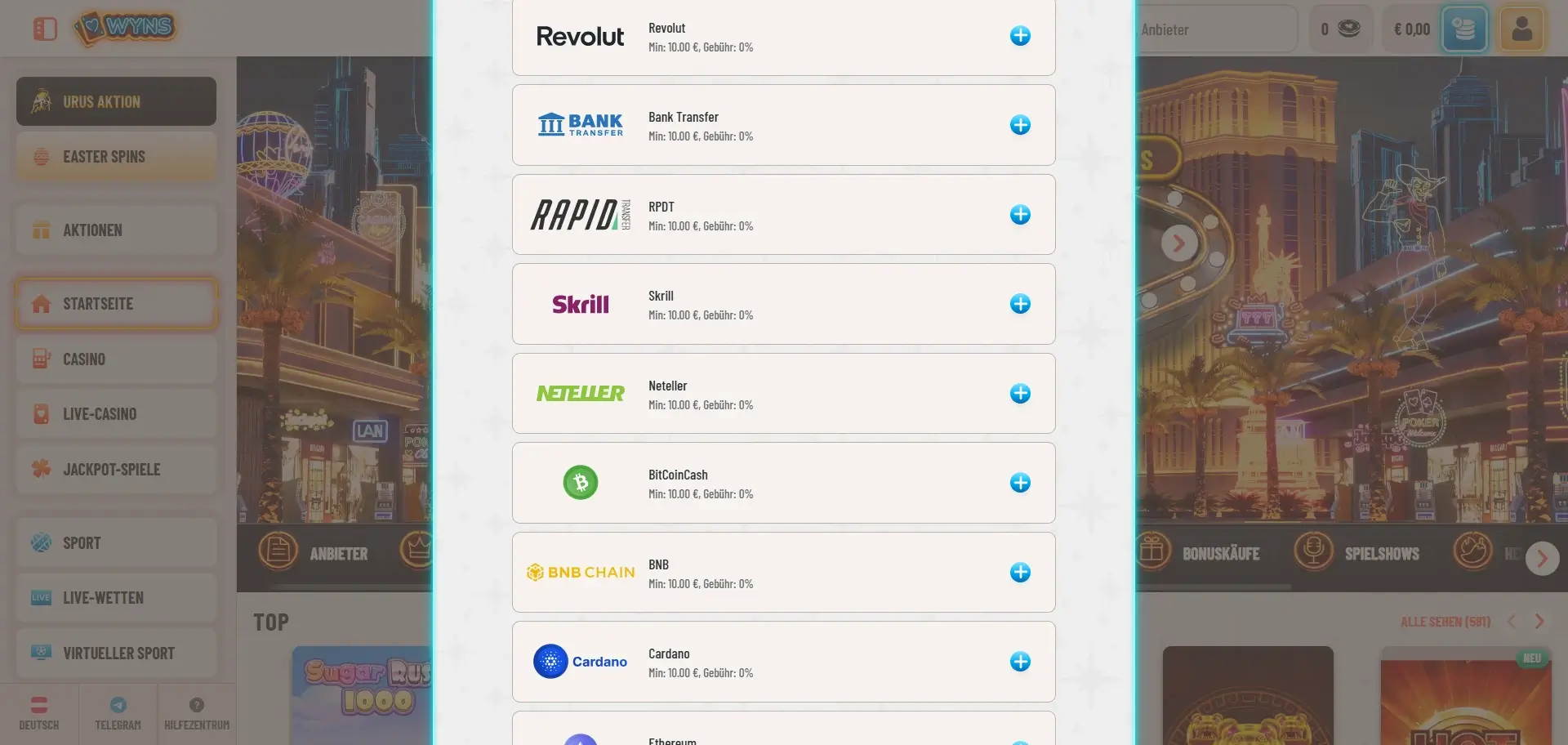 Banküberweisung Casino Wyns Einzahlung