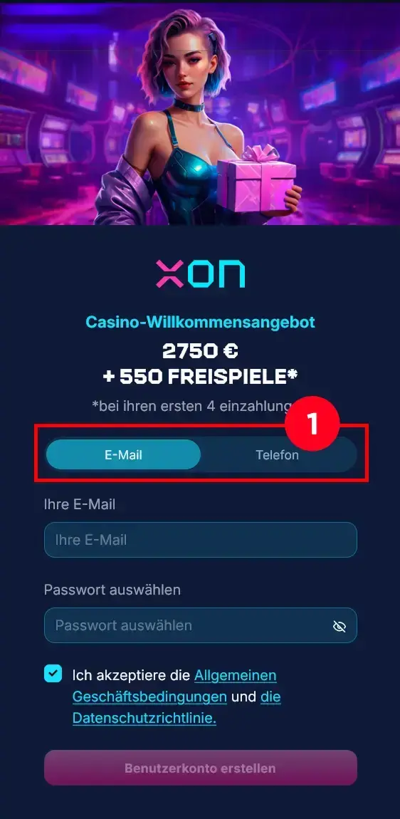XonBet Anmeldung Auswahl Methode