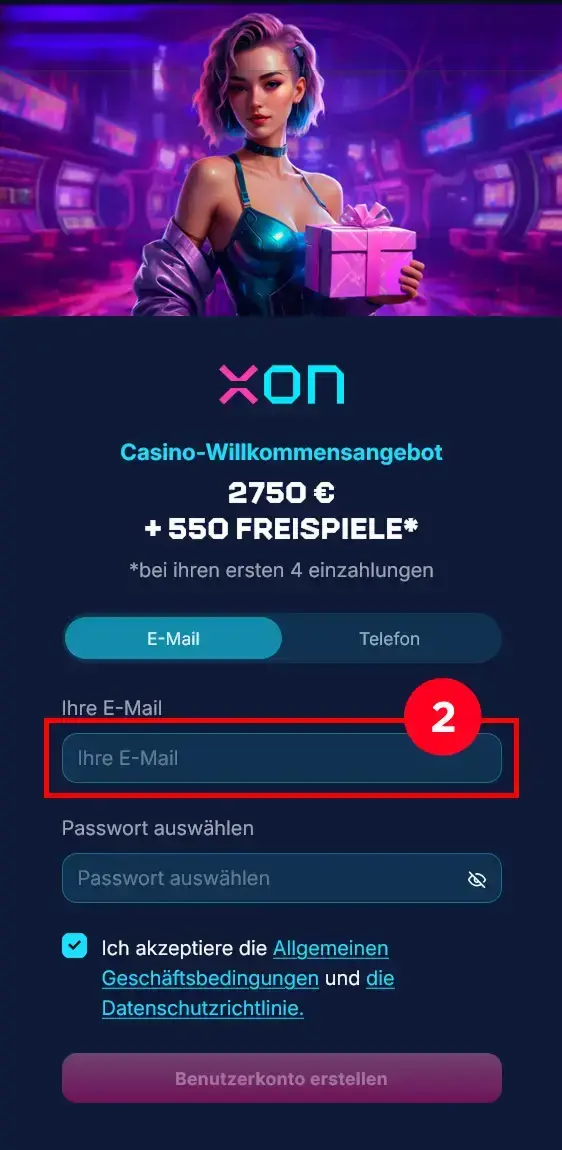 XonBet Anmeldung Email Eingabe