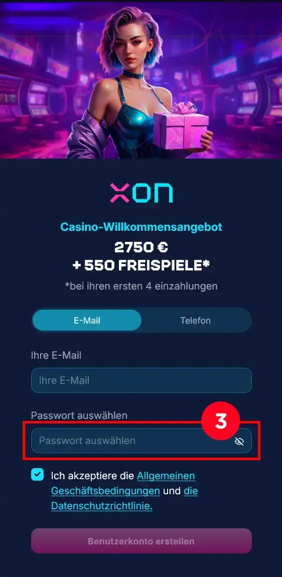 XonBet Anmeldung Passwort Feld