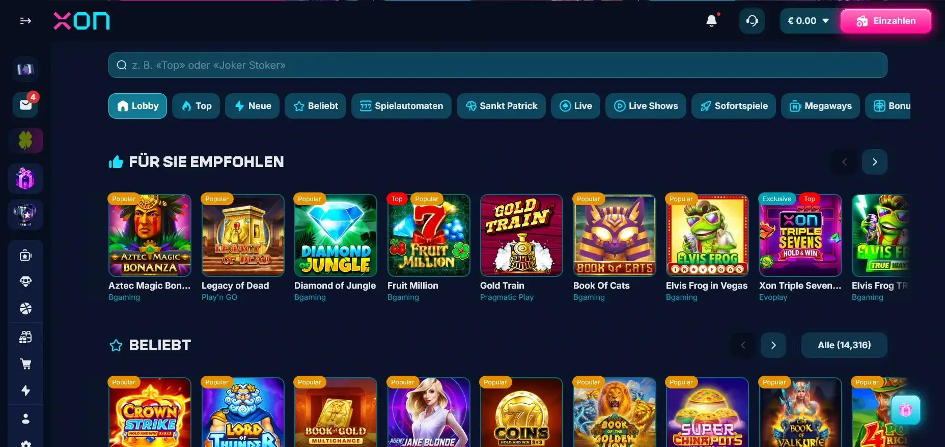 XonBet Spiele Lobby Auswahl