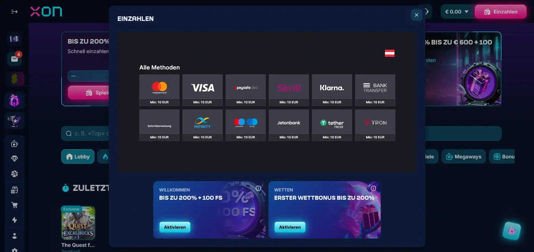 XonBet Zahlungsmethoden Auswahl