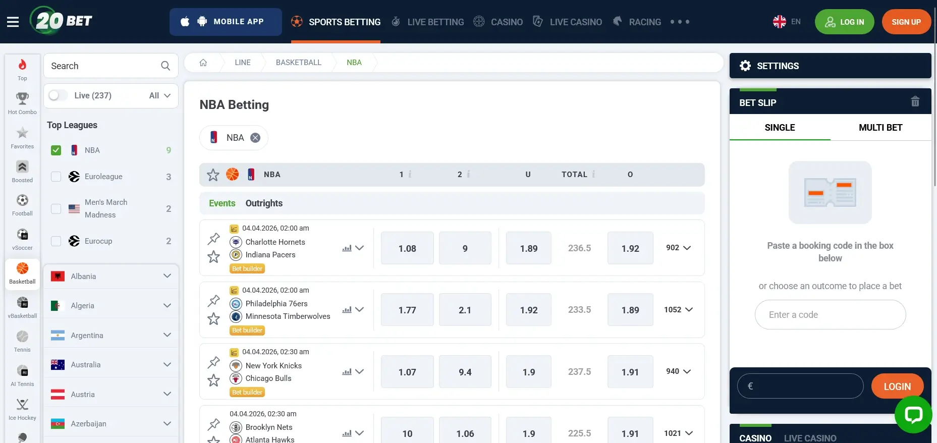 NBA Wetten bei 20Bet