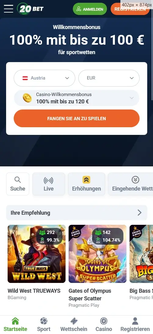 Sportwetten App Startseite mit Willkommensbonus bei 20Bet