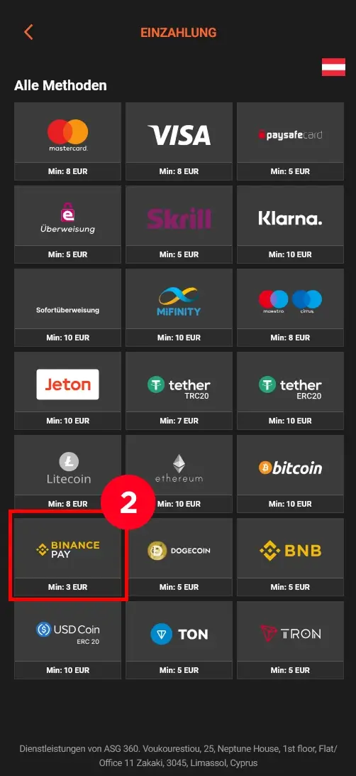 Zahlungsmethode Binance Pay für Einzahlung auswählen