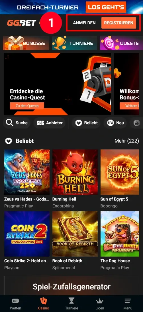 Casino Bereich bei GG.BET öffnen