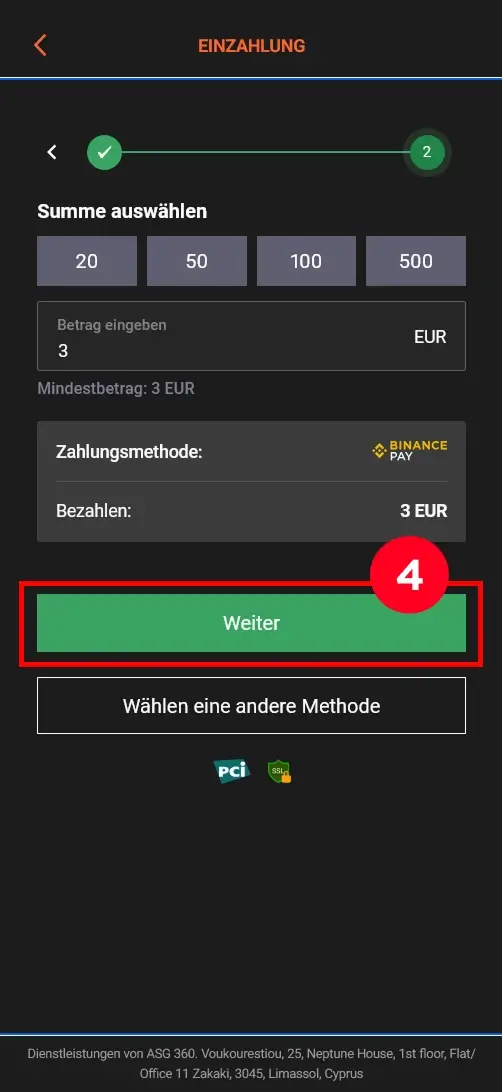 Einzahlung von 3 Euro bestätigen und fortfahren