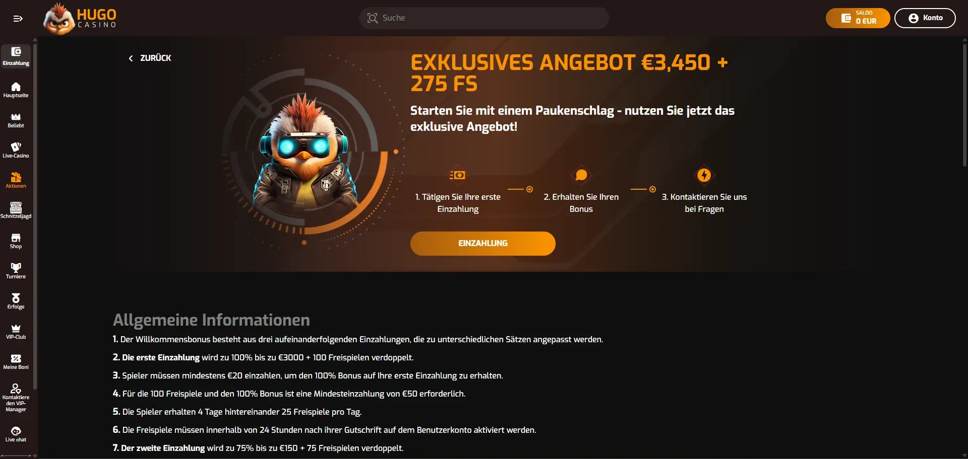 Hugo Casino Willkommensbonus Angebot