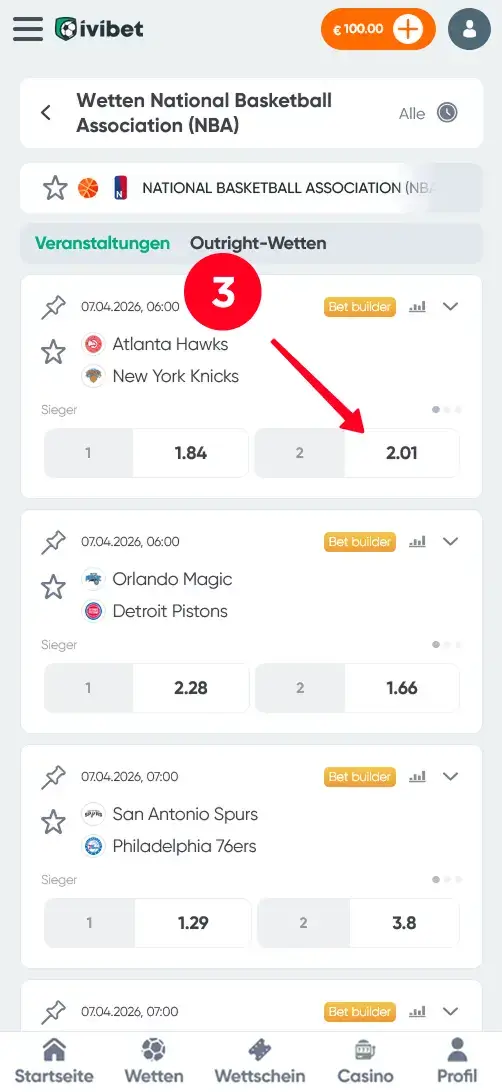 NBA Spiel auswählen und Wettquote sehen