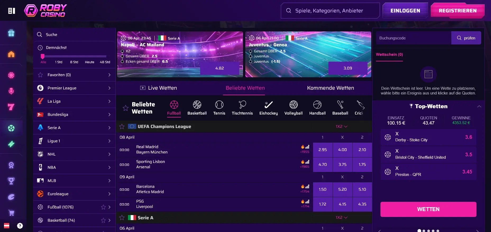 Roby Casino neuer Wettanbieter mit Wettquoten und Live Wetten