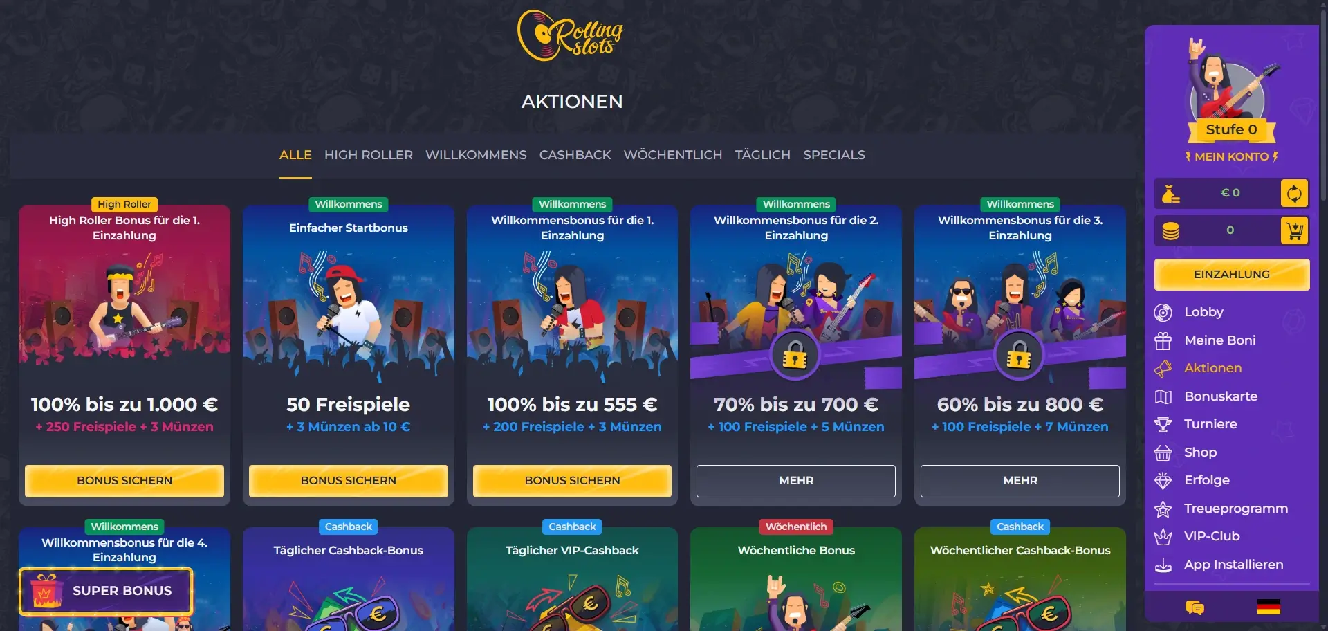 Rolling Slots Casino Willkommensbonus Aktionen