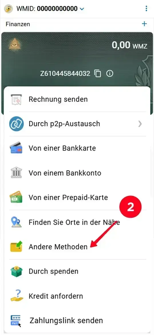 Einzahlungsoptionen im WebMoney Menü öffnen