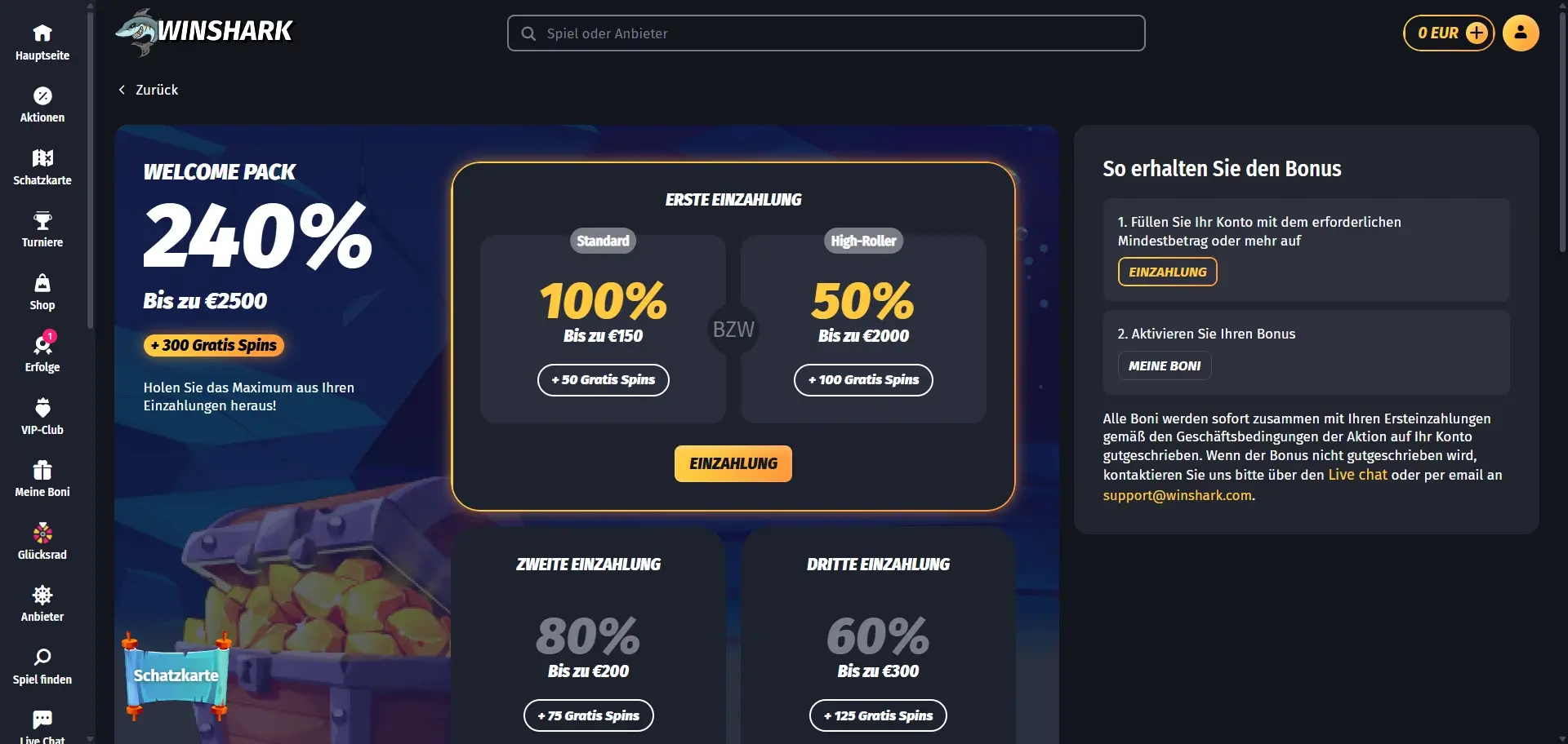 Winshark Casino Willkommensbonus Paket