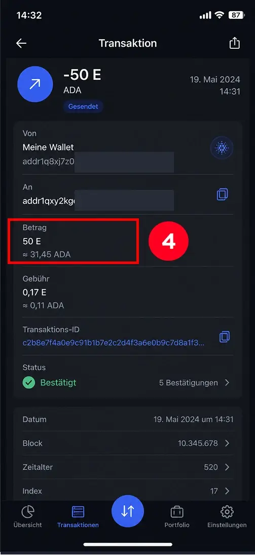 Cardano (ADA) Betrag eingeben