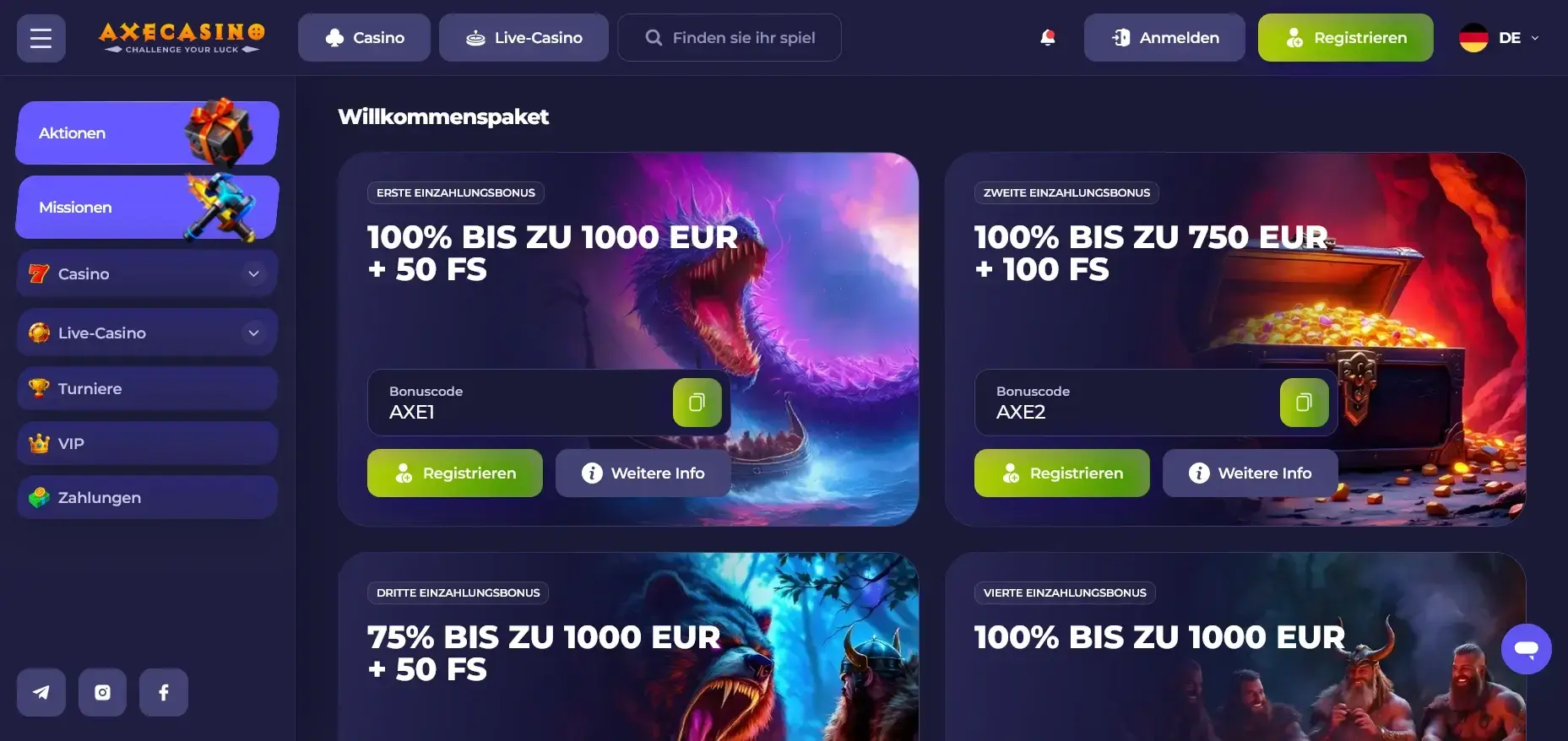 Axe Casino Bonus Code mit Freispiele und Willkommensbonus