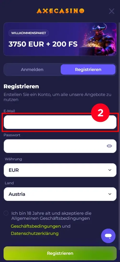 E-Mail-Adresse für Axe Casino eingeben