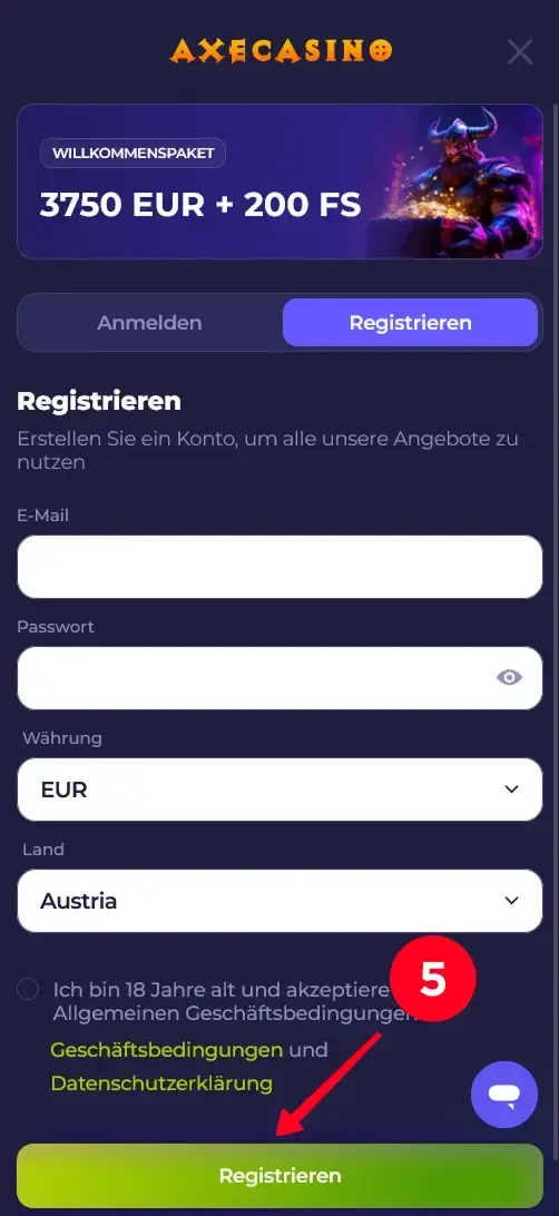 Registrierung bei Axe Casino abschließen