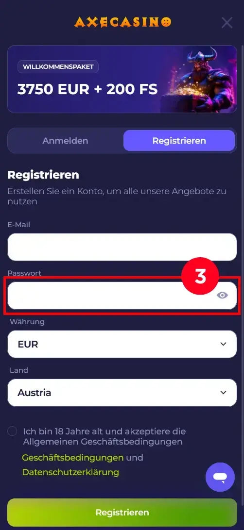 Passwort im Axe Casino erstellen